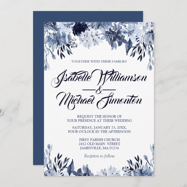Convite para Casamento Floral de Dusty Blue (Frente/Verso)