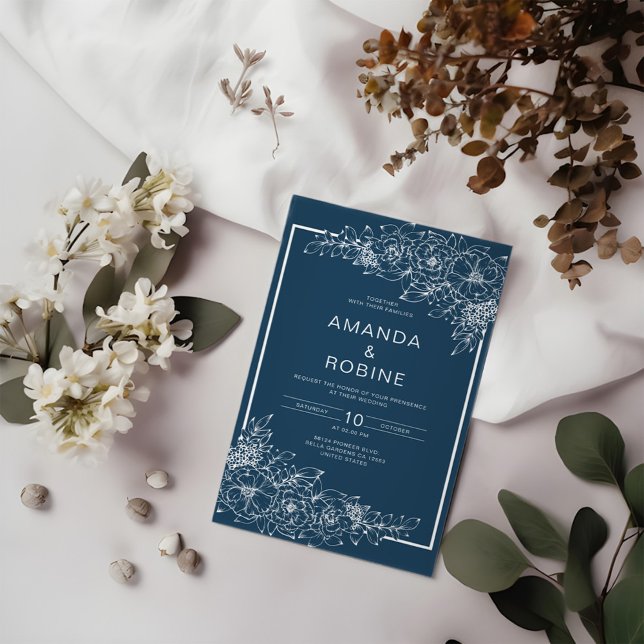 Convite para Casamento Floral de Dusty Blue (Criador carregado)
