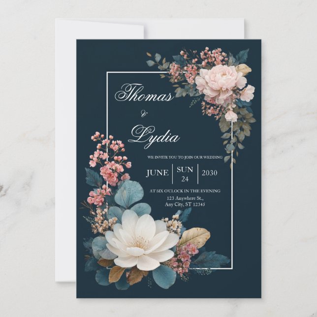 Convite para Casamento Floral de Dusty Blue (Frente)