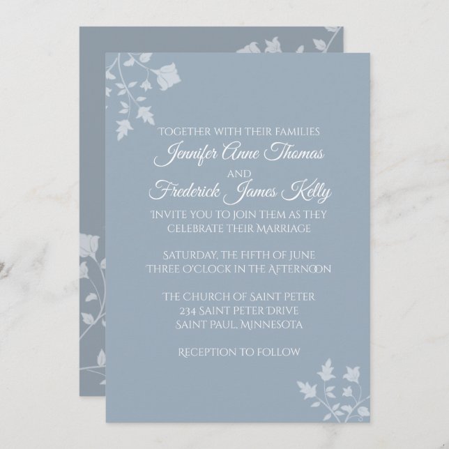 Convite para Casamento Floral de Dusty Blue (Frente/Verso)