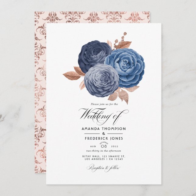 Convite para Casamento Floral de Dusty Blue e Rosa (Frente/Verso)