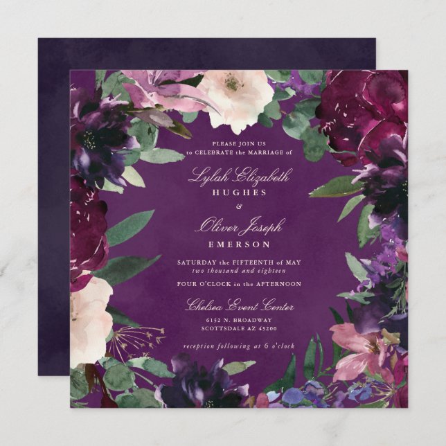 Convite Para Casamento Floral De EggPlant Purple (Frente/Verso)