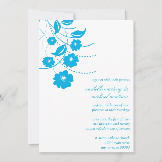 Convite para Casamento Floral de Farinhas (Azul /  (Frente)