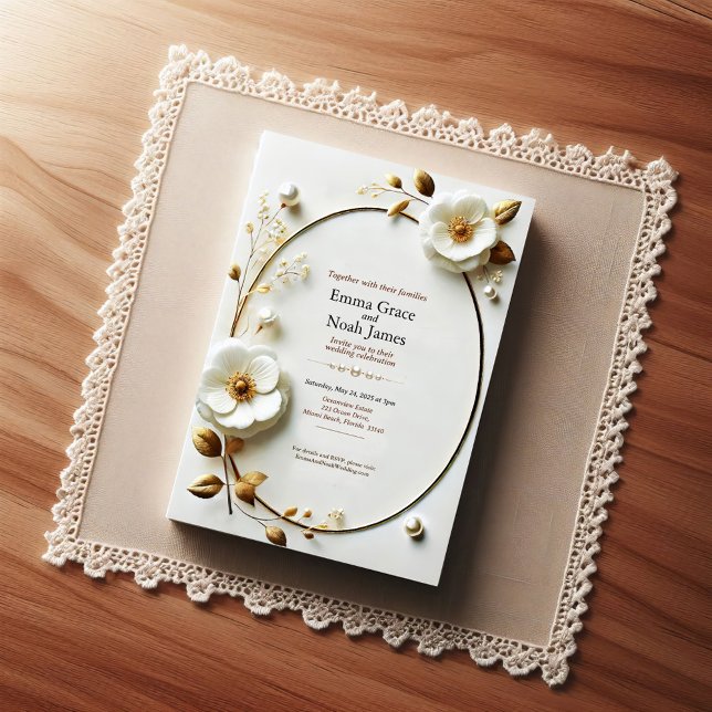 Convite para Casamento Floral de Frame Dourado Ele (Criador carregado)