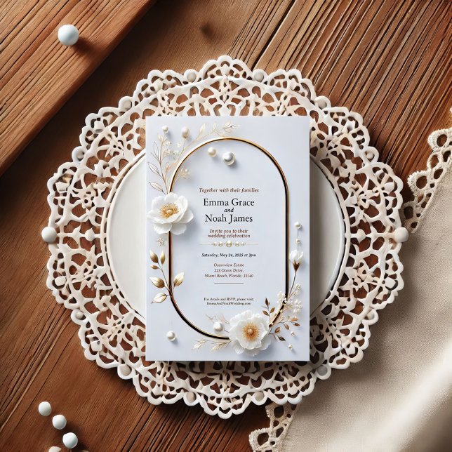 Convite para Casamento Floral de Frame Dourado Ele (Criador carregado)