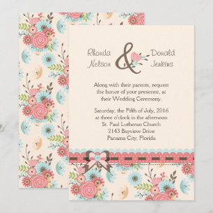 Convite para Casamento Floral de Marfim, Azul e Co