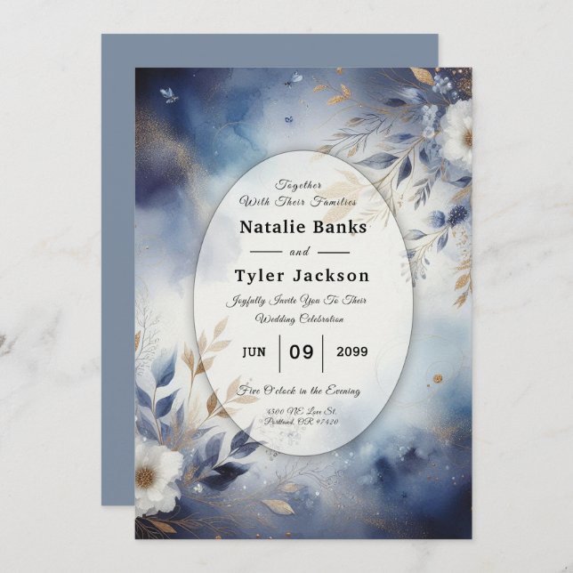 Convite para Casamento Floral de marinho Azul e Do (Frente/Verso)