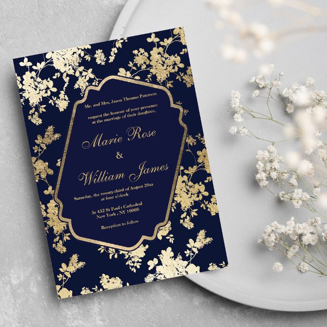 Convite para Casamento floral de marinho azul Eleg (Elegant navy blue gold floral Wedding)