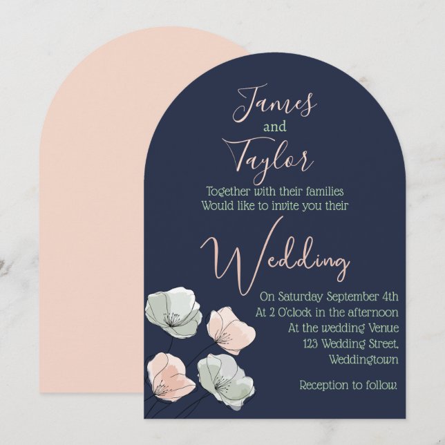 Convite para Casamento Floral de marinho Blush e S (Frente/Verso)