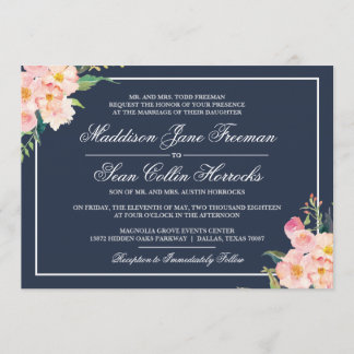 Convite para Casamento Floral de marinho e Blush