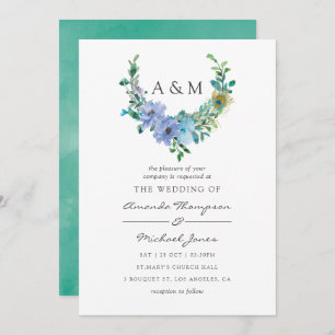 Convite para Casamento Floral de Mint e Blue Water