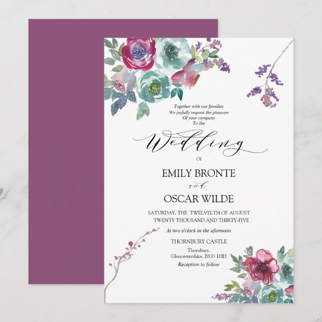 Convite para Casamento Floral de Mint e Mauve (Frente/Verso)