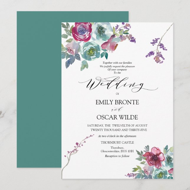 Convite para Casamento Floral de Mint e Mauve (Frente/Verso)