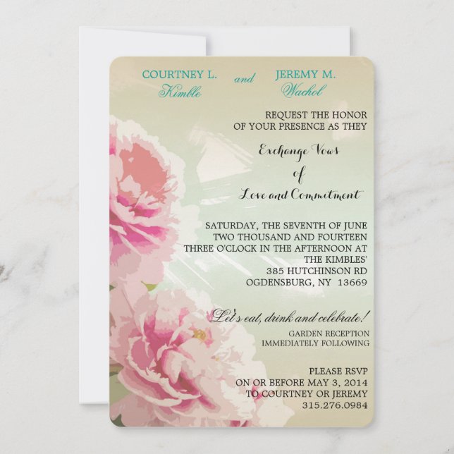 Convite para Casamento Floral de Peões Rosa (Frente)