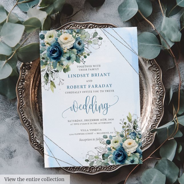 Convite para Casamento Floral de Prata Azul na mod (Stylish Navy Blue Silver Floral Wedding Invitation)