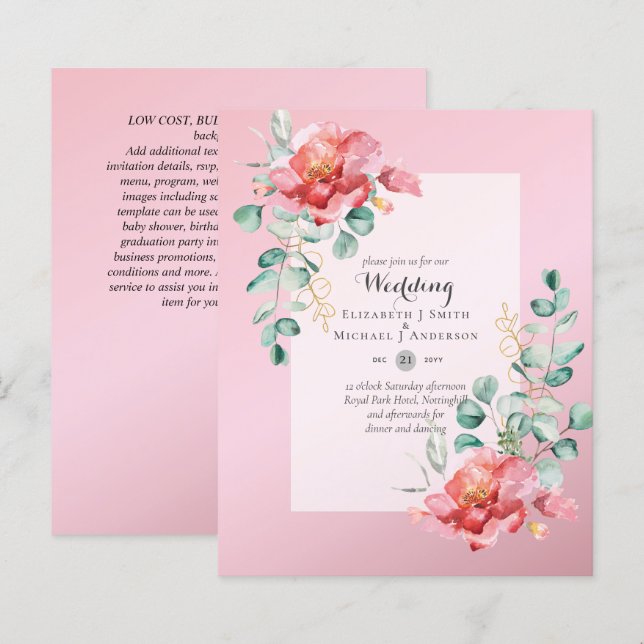 Convite para Casamento Floral de Rosa vermelha de  (Frente/Verso)