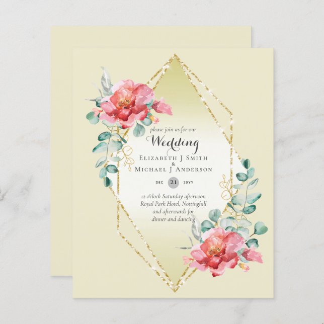 Convite para Casamento Floral de Rosa vermelha de  (Frente/Verso)