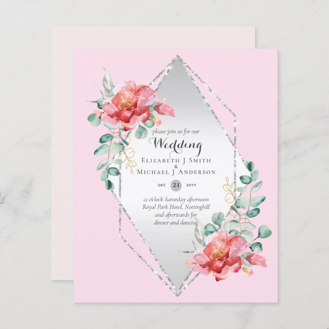 Convite para Casamento Floral de Rosa vermelha de  (Frente/Verso)