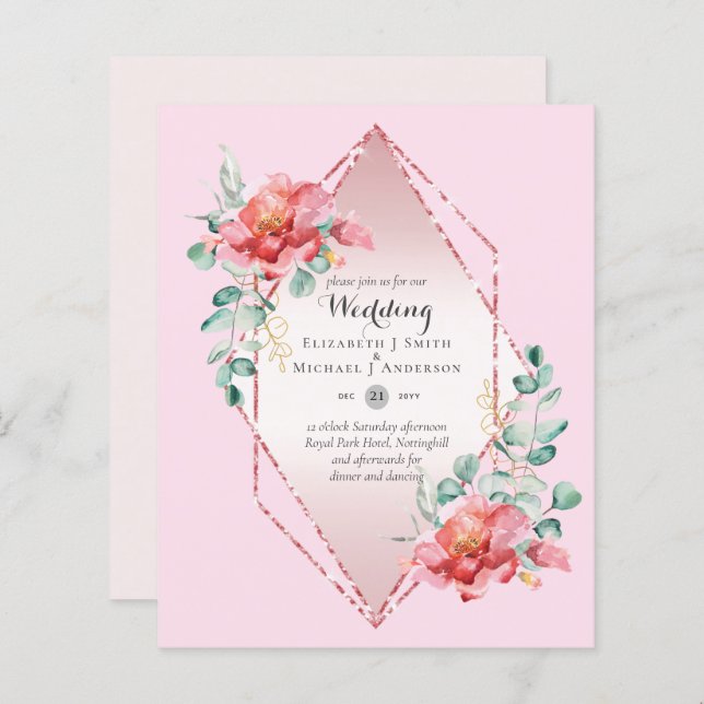 Convite para Casamento Floral de Rosa vermelha de  (Frente/Verso)