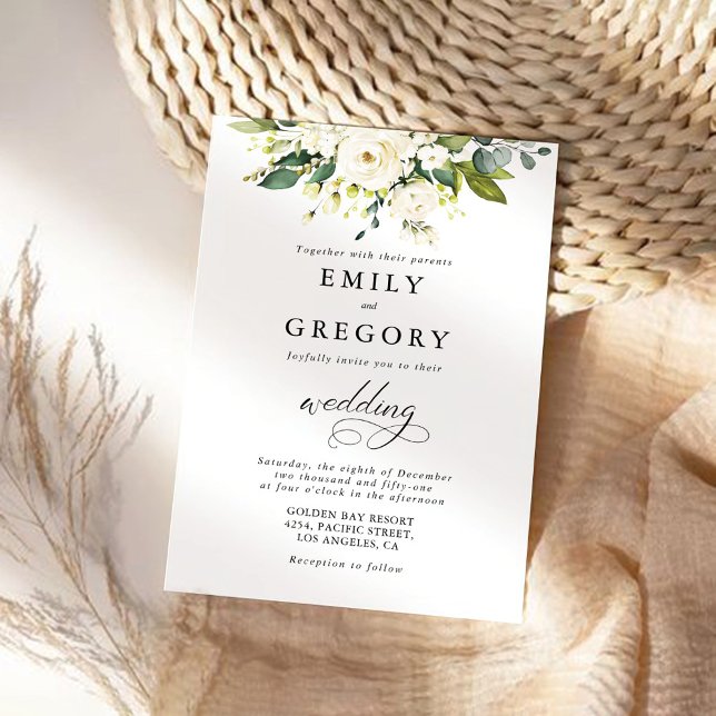 Convite para Casamento Floral de Rosas Brancas (Criador carregado)