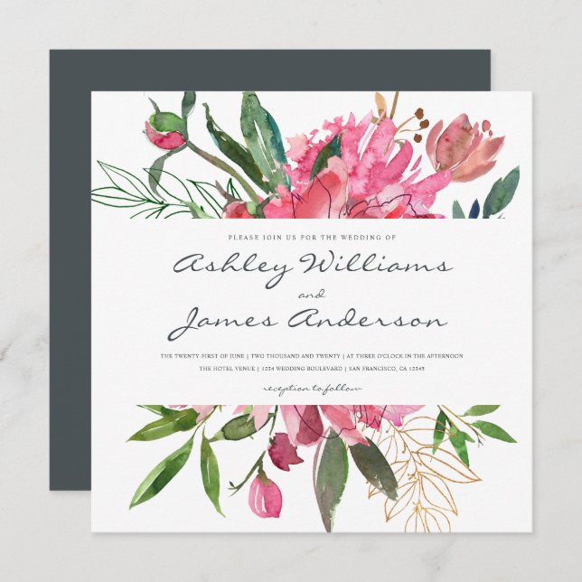 Convite para Casamento Floral de Ruby Peony | Quad (Frente/Verso)