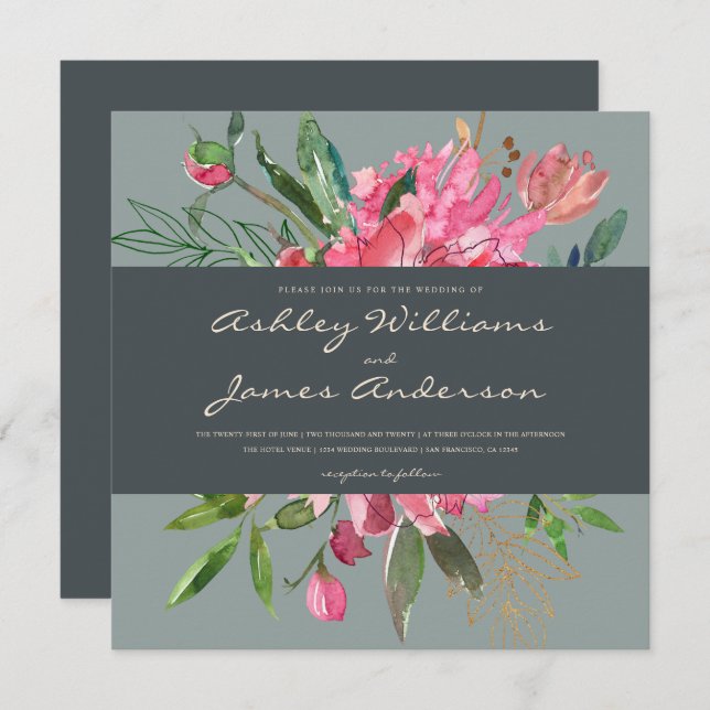 Convite para Casamento Floral de Ruby Peony | Quad (Frente/Verso)