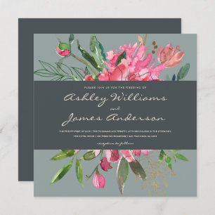 Convite para Casamento Floral de Ruby Peony   Quad