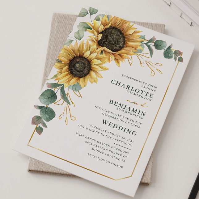 Convite para Casamento Floral de Sunflower Eucalyp (Sunflower Eucalyptus Greenery Bloom Modern Wedding Invitation)