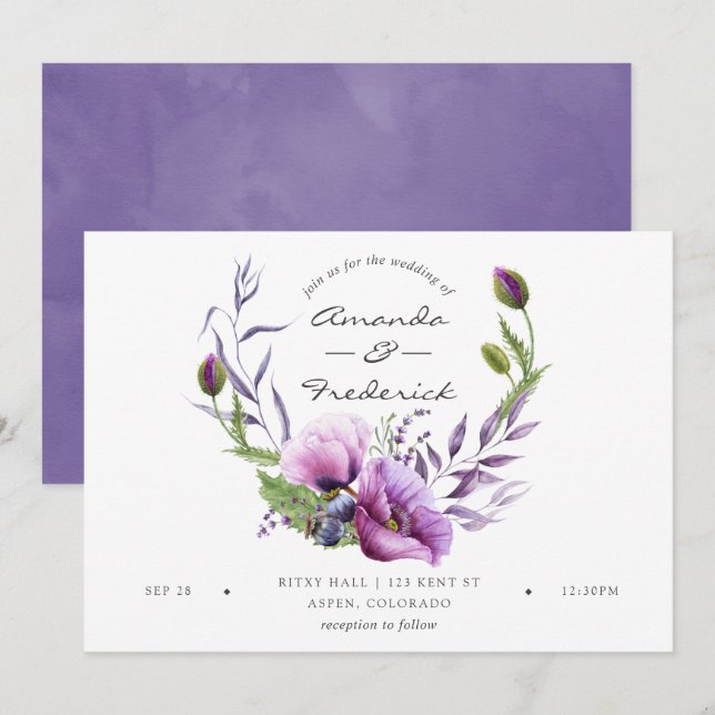 Convite Para Casamento Floral De Violet Poppy (Frente/Verso)