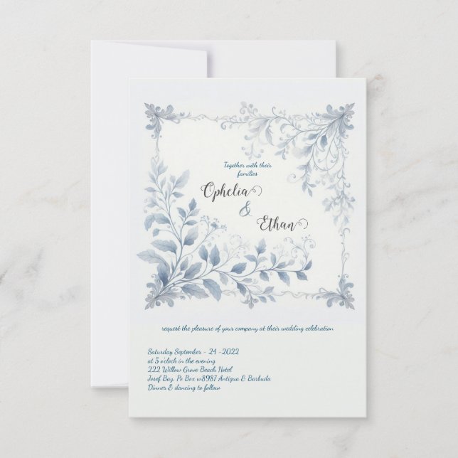 Convite para casamento Floral de Watercolor Blue (Frente)