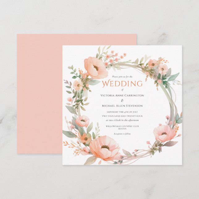 Convite para Casamento Floral de Wreath Rosa (Frente/Verso)