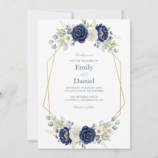 Convite para Casamento Floral do Marinho Geométric (Frente)