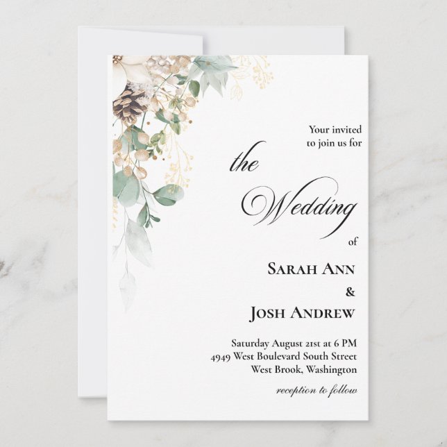 Convite para Casamento Floral Dourado de inverno (Frente)