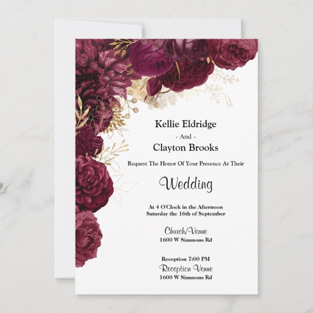 Convite Para Casamento Floral Dourado E Burgundy (Frente)