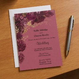 Convite Para Casamento Floral Dourado E Burgundy