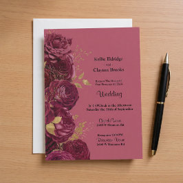 Convite Para Casamento Floral Dourado E Burgundy