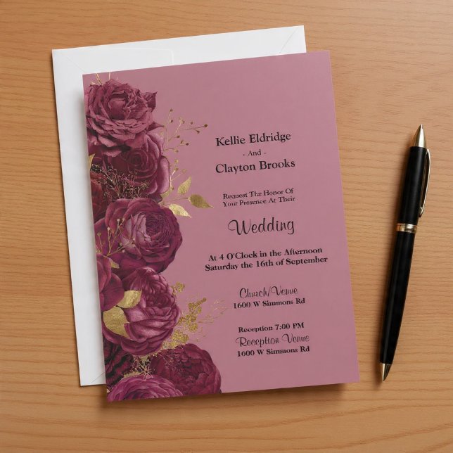 Convite Para Casamento Floral Dourado E Burgundy (Criador carregado)