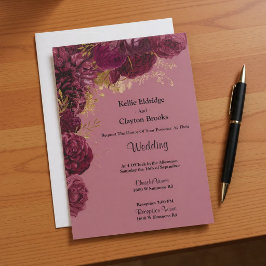 Convite Para Casamento Floral Dourado E Burgundy