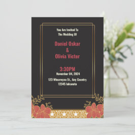 Convite para Casamento Floral Dourado e Preto Eleg