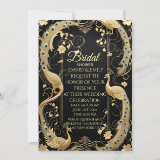 Convite para Casamento Floral Dourado e Preto Eleg