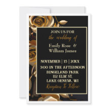 Convite para Casamento Floral Dourado e Preto Eleg