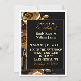 Convite para Casamento Floral Dourado e Preto Eleg