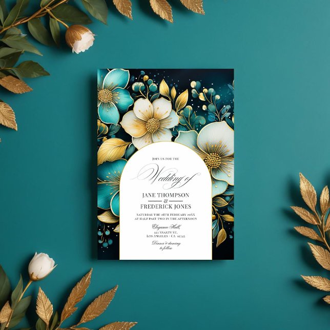 Convite para Casamento Floral Dourado e Teal (Teal and Gold Floral Wedding Invitation)