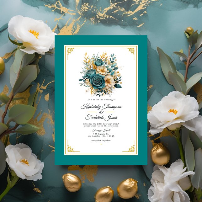 Convite para Casamento Floral Dourado e Teal (Teal and Gold Wedding)