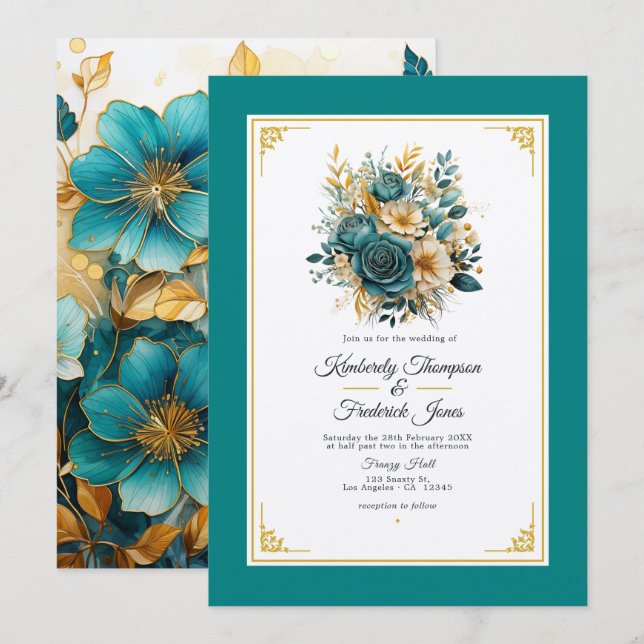 Convite para Casamento Floral Dourado e Teal (Frente/Verso)