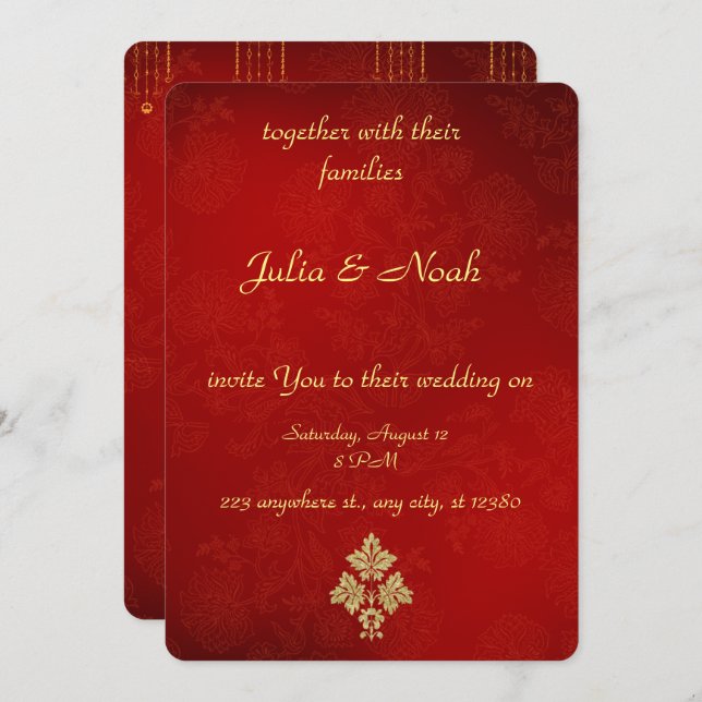 Convite para Casamento Floral Dourado e Vermelho E (Frente/Verso)