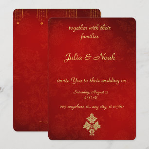 Convite para Casamento Floral Dourado e Vermelho E