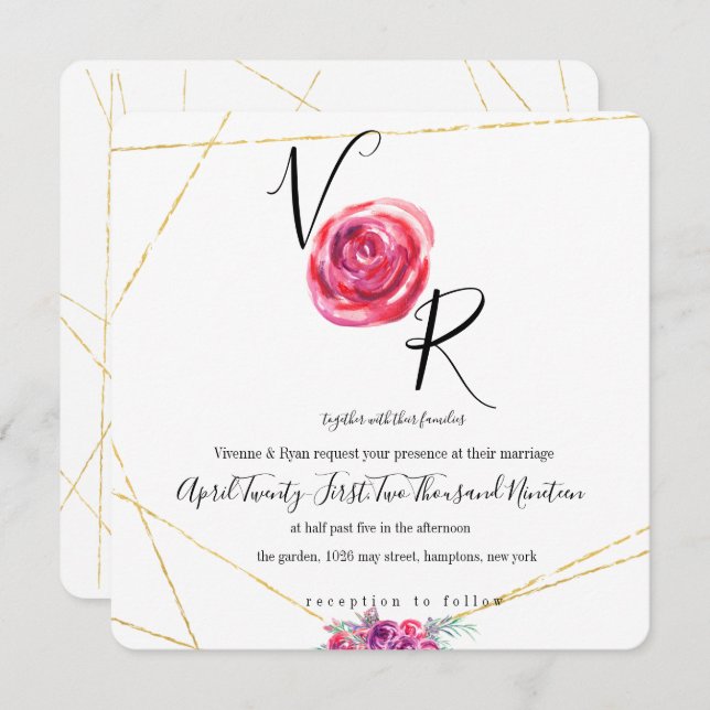 Convite para Casamento Floral Dourado Elegante (Frente/Verso)