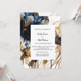 Convite para Casamento Floral Dourado marinho Azul