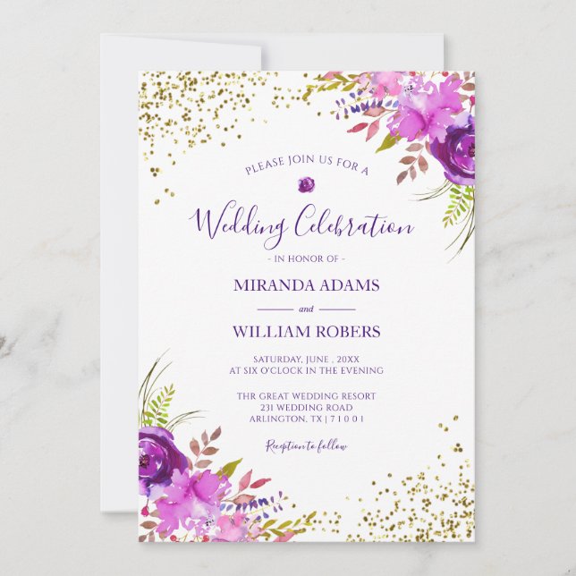 Convite para Casamento Floral Dourado Roxo Chic El (Frente)
